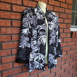Vintage Tropical Open Blazer Womens 18 Perceptions NY Black White Leaves Bold